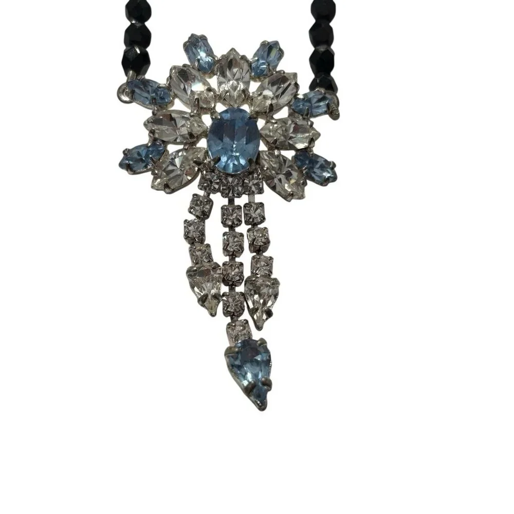 VTG Necklace Blue Black Clear Glass Faceted Bead‎ Pendant Prong Set Silver Tone